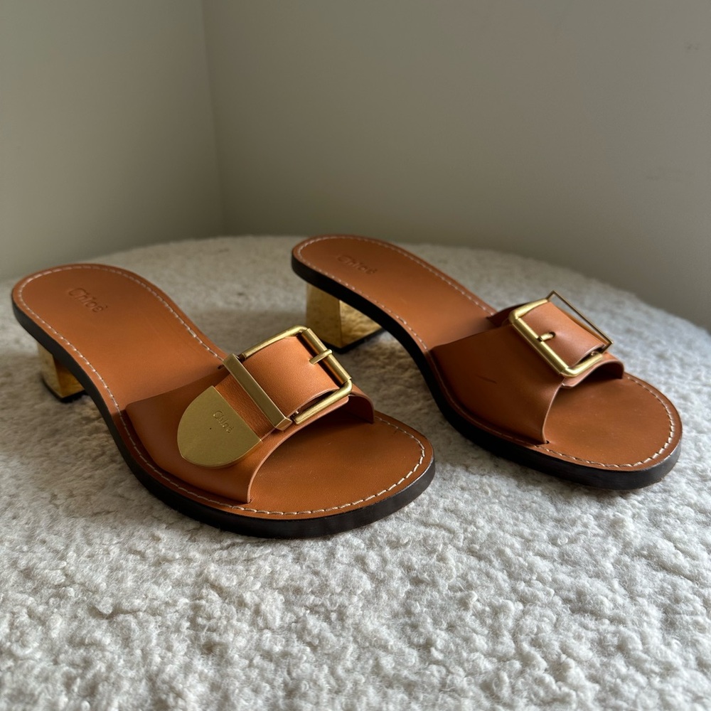 Chloe Rebeca 70 Brown Slide Sandals with Gold Buckle. Size 8 1/2.